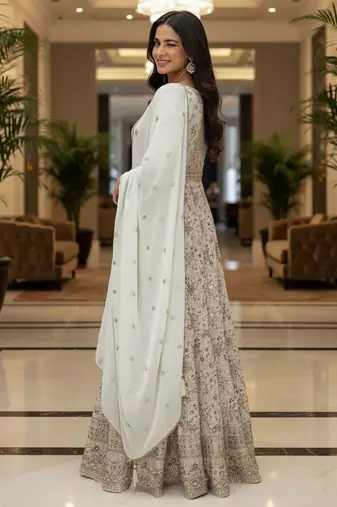 Elegant off white heavy georgette anarkali free size stiched kurta with dupatta for women
