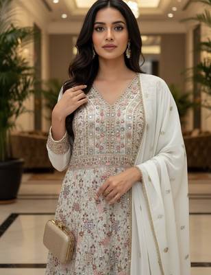 Elegant off white heavy georgette anarkali free size stiched kurta with dupatta for women 5