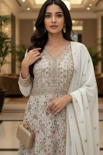 Elegant off white heavy georgette anarkali free size stiched kurta with dupatta for women