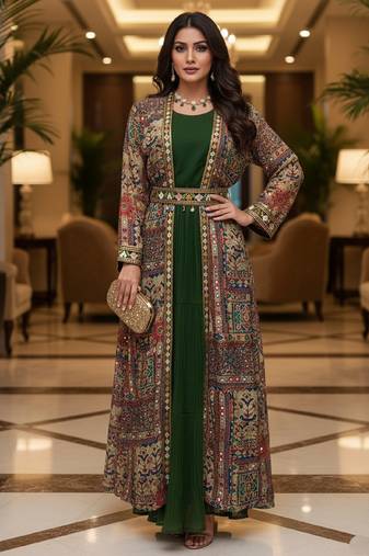 Designer green blooming georgette free size stiched top with long printed shrung for women