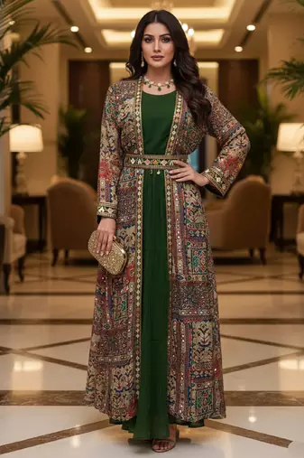 Designer green blooming georgette free size stiched top with long printed shrung for women