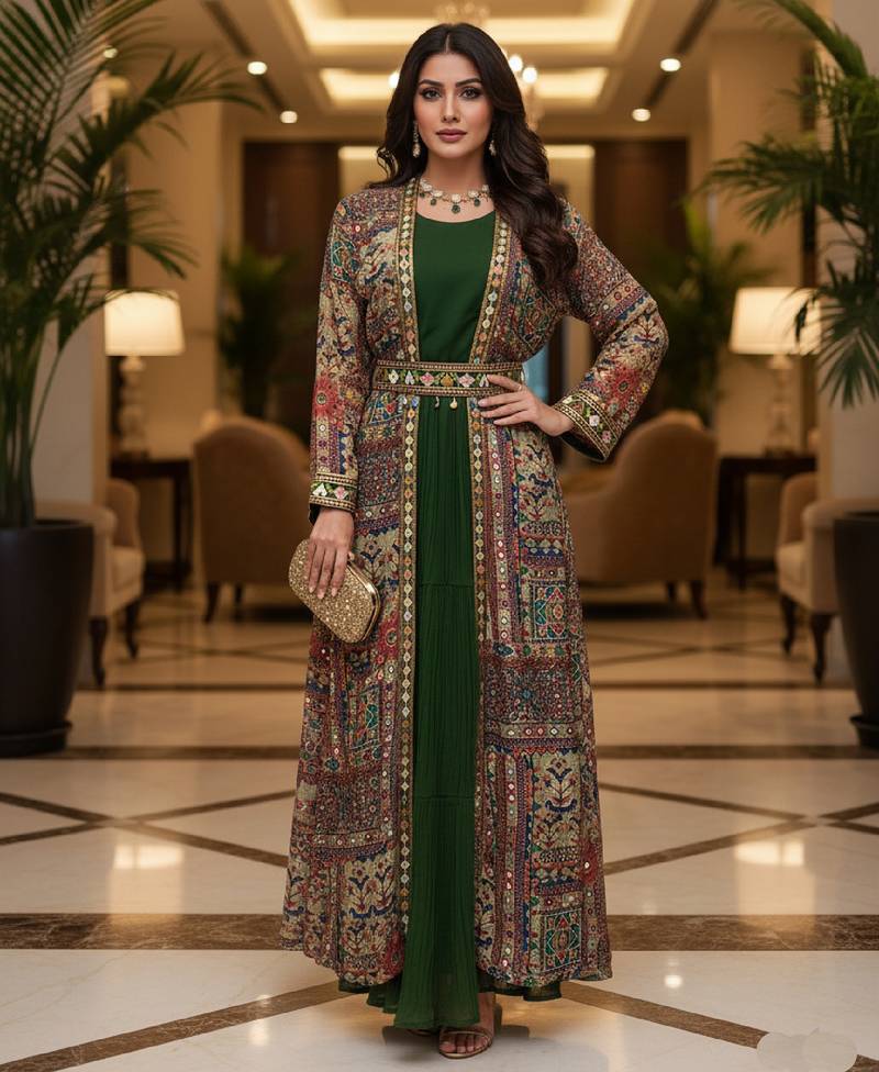 Designer green blooming georgette free size stiched top with long printed shrung for women