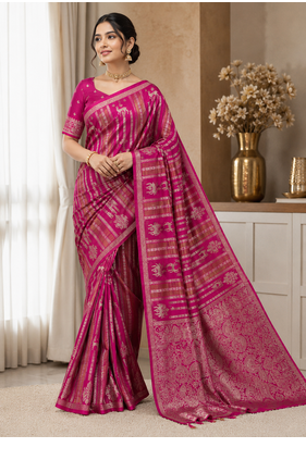Pink Color Jaqurad Doubling Viscos Jari Weaving All Over Body Small And Beautiful Deer Khaddi Crep Georgette Saree 1