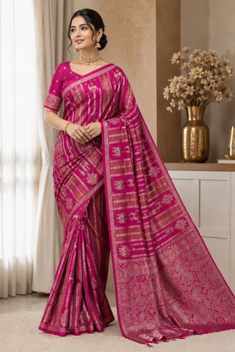 Pink Jaqurad Doubling Viscos Jari Weaving All Over Body Small And Beautiful Deer Khaddi Crep georgettete Saree