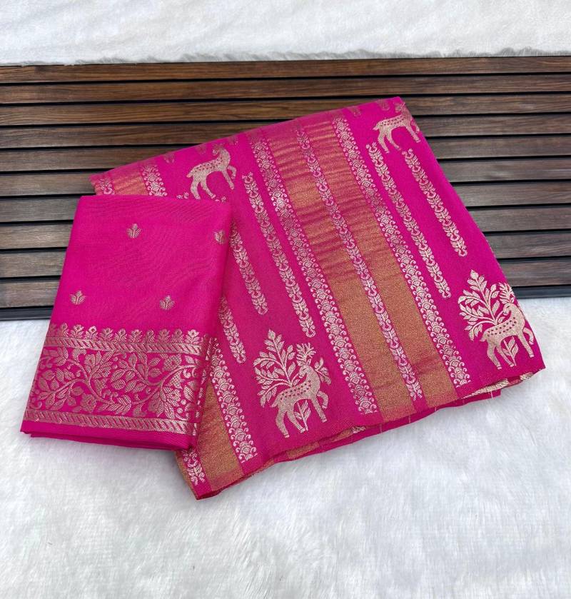 Pink Color Jaqurad Doubling Viscos Jari Weaving All Over Body Small And Beautiful Deer Khaddi Crep Georgette Saree