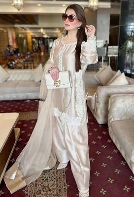 Cream heavy natural silk palazzo set with pearl moti hand work 4