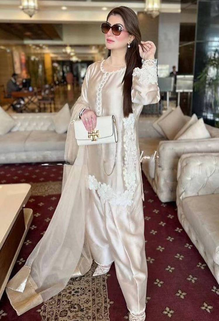 Cream heavy natural silk palazzo set with pearl moti hand work
