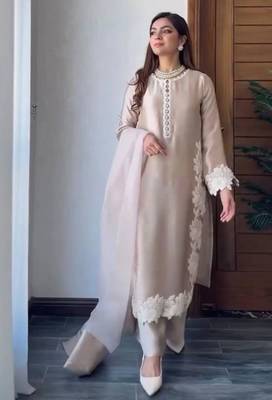 Cream heavy natural silk palazzo set with pearl moti hand work 5