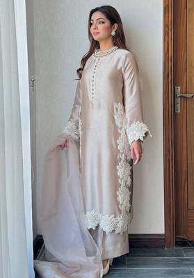 Cream heavy natural silk palazzo set with pearl moti hand work 1