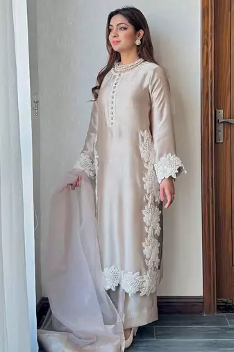 Cream heavy natural silk palazzo set with pearl moti hand work