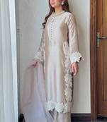 Cream heavy natural silk palazzo set with pearl moti hand work
