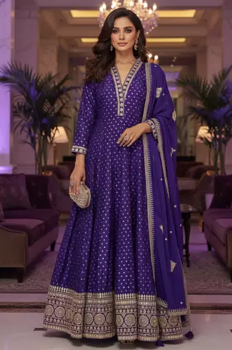 Royal purple embroidered heavy viscose anarkali free size stiched kurta set with dupatta for women