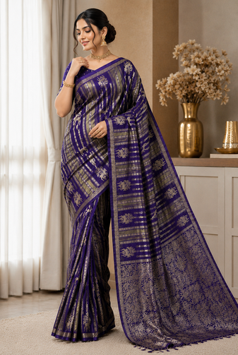 Purple Jaqurad Doubling Viscos Jari Weaving All Over Body Small And Beautiful Deer Khaddi Crep georgettete Saree