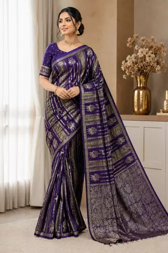Purple Color Jaqurad Doubling Viscos Jari Weaving All Over Body Small And Beautiful Deer Khaddi Crep Georgette Saree