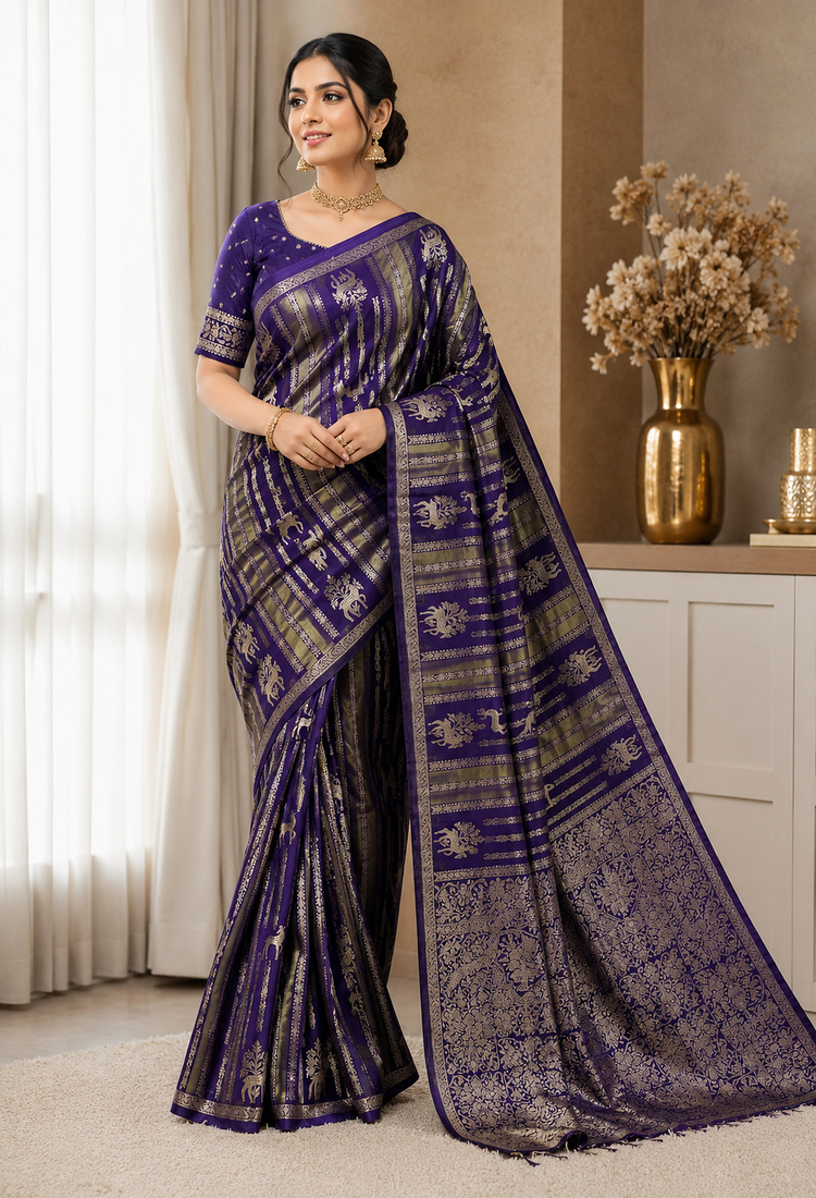Purple Color Jaqurad Doubling Viscos Jari Weaving All Over Body Small And Beautiful Deer Khaddi Crep Georgette Saree