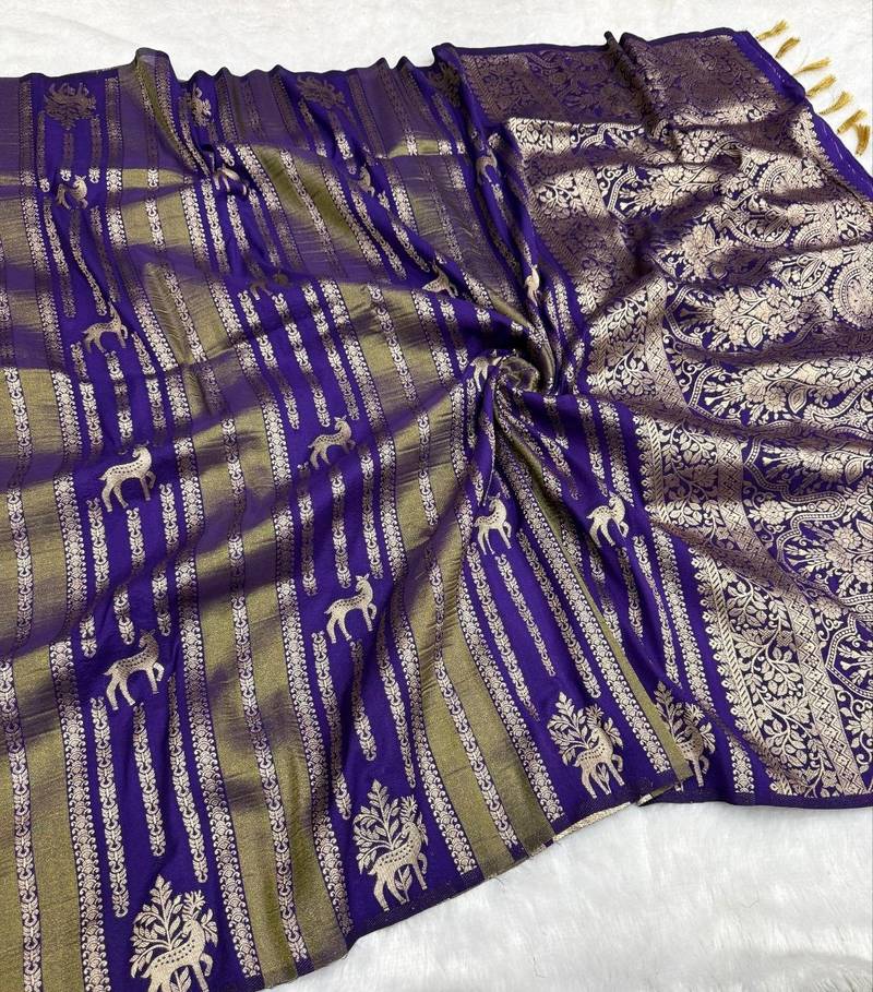 Purple Color Jaqurad Doubling Viscos Jari Weaving All Over Body Small And Beautiful Deer Khaddi Crep Georgette Saree