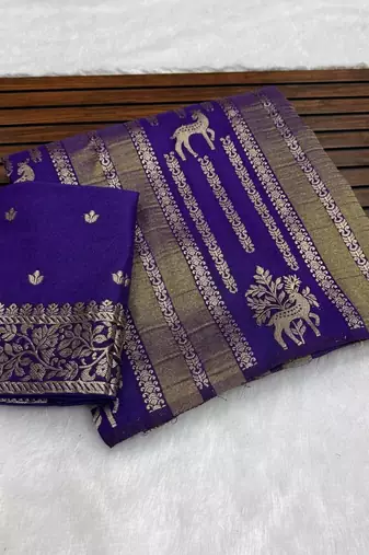 Purple Color Jaqurad Doubling Viscos Jari Weaving All Over Body Small And Beautiful Deer Khaddi Crep Georgette Saree