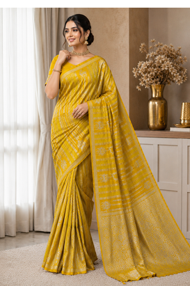 Yellow Color Jaqurad Doubling Viscos Jari Weaving All Over Body Small And Beautiful Deer Khaddi Crep Georgette Saree 1