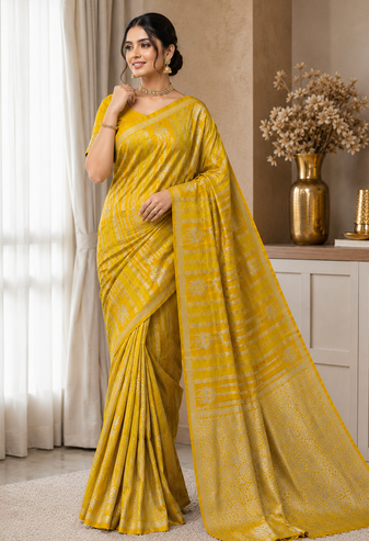 Yellow Color Jaqurad Doubling Viscos Jari Weaving All Over Body Small And Beautiful Deer Khaddi Crep georgettete Saree