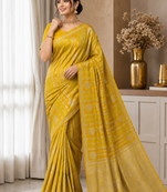 Yellow Color Jaqurad Doubling Viscos Jari Weaving All Over Body Small And Beautiful Deer Khaddi Crep Georgette Saree