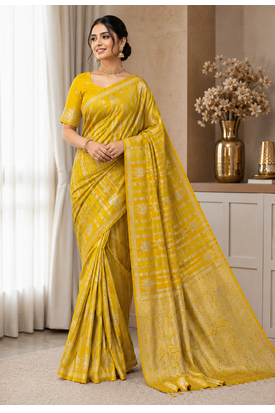 Yellow Color Jaqurad Doubling Viscos Jari Weaving All Over Body Small And Beautiful Deer Khaddi Crep Georgette Saree 2