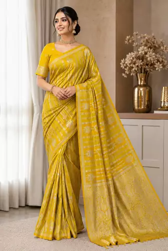 Yellow Color Jaqurad Doubling Viscos Jari Weaving All Over Body Small And Beautiful Deer Khaddi Crep Georgette Saree