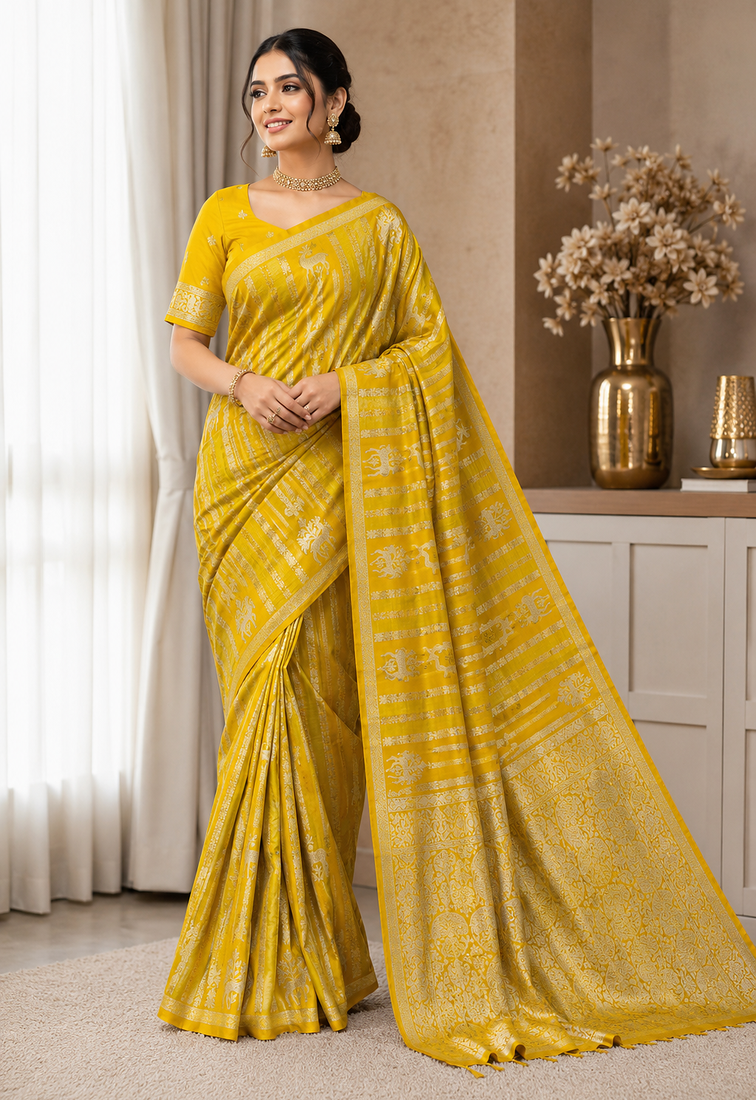 Yellow Color Jaqurad Doubling Viscos Jari Weaving All Over Body Small And Beautiful Deer Khaddi Crep Georgette Saree