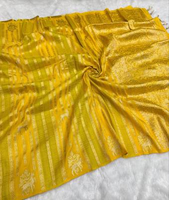 Yellow Color Jaqurad Doubling Viscos Jari Weaving All Over Body Small And Beautiful Deer Khaddi Crep Georgette Saree 3