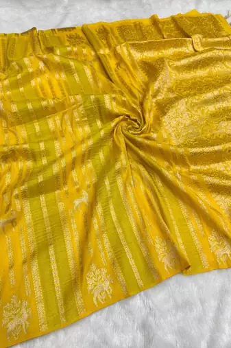 Yellow Color Jaqurad Doubling Viscos Jari Weaving All Over Body Small And Beautiful Deer Khaddi Crep Georgette Saree