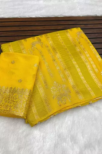 Yellow Color Jaqurad Doubling Viscos Jari Weaving All Over Body Small And Beautiful Deer Khaddi Crep Georgette Saree