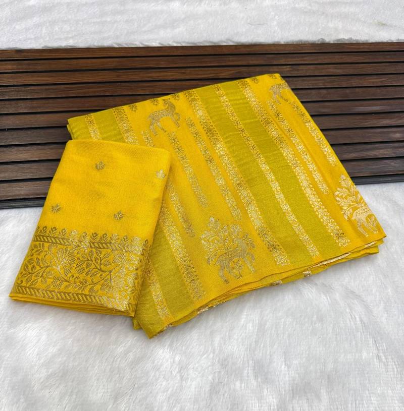 Yellow Color Jaqurad Doubling Viscos Jari Weaving All Over Body Small And Beautiful Deer Khaddi Crep Georgette Saree