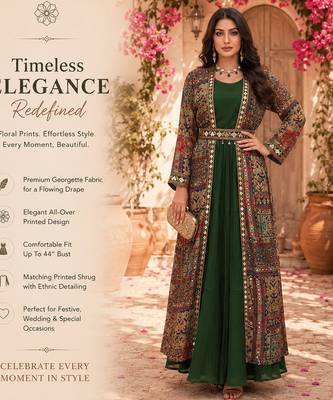 Designer green blooming georgette free size stiched top with long printed shrung for women 2