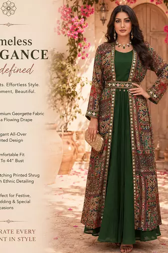 Designer green blooming georgette free size stiched top with long printed shrung for women
