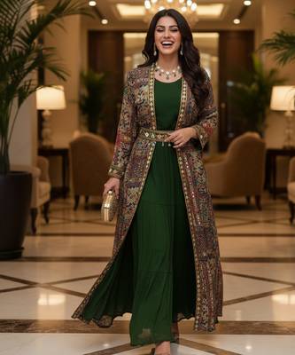 Designer green blooming georgette free size stiched top with long printed shrung for women 3