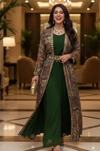 Designer green blooming georgette free size stiched top with long printed shrung for women