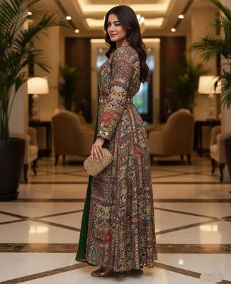 Designer green blooming georgette free size stiched top with long printed shrung for women 4