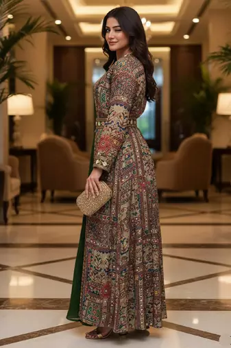 Designer green blooming georgette free size stiched top with long printed shrung for women