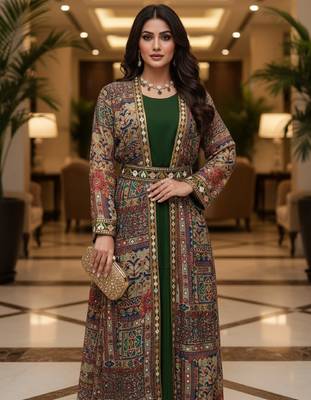 Designer green blooming georgette free size stiched top with long printed shrung for women 5