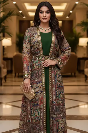 Designer green blooming georgette free size stiched top with long printed shrung for women