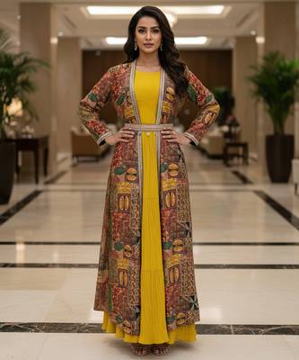 Designer yellow blooming georgette free size stiched top with long printed shrung for women 1