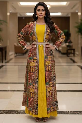 Designer yellow blooming georgette free size stiched top with long printed shrung for women