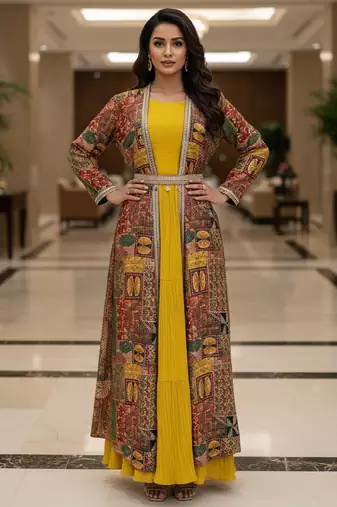 Designer yellow blooming georgette free size stiched top with long printed shrung for women