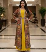 Designer yellow blooming georgette free size stiched top with long printed shrung for women