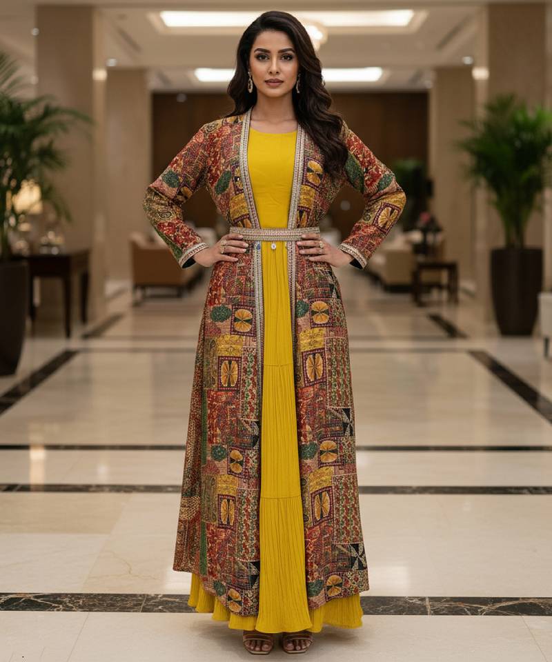 Designer yellow blooming georgette free size stiched top with long printed shrung for women