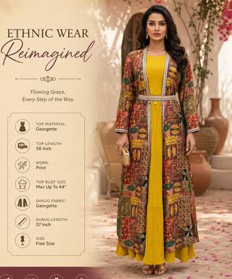 Designer yellow blooming georgette free size stiched top with long printed shrung for women 2