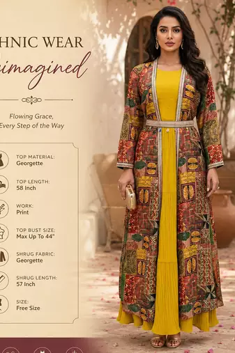 Designer yellow blooming georgette free size stiched top with long printed shrung for women