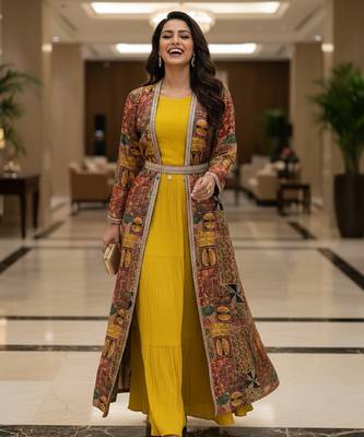 Designer yellow blooming georgette free size stiched top with long printed shrung for women 3