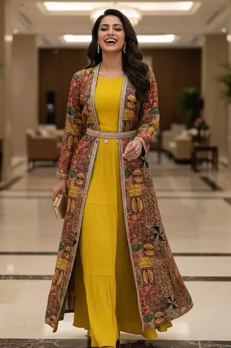 Designer yellow blooming georgette free size stiched top with long printed shrung for women