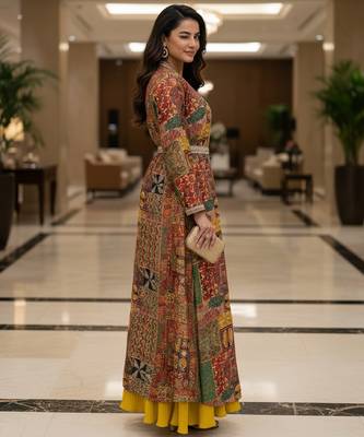 Designer yellow blooming georgette free size stiched top with long printed shrung for women 4