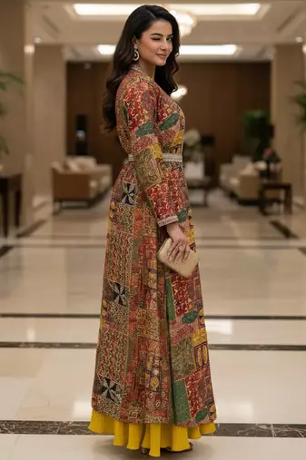 Designer yellow blooming georgette free size stiched top with long printed shrung for women